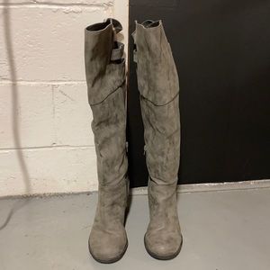 Grey distressed heeled boots